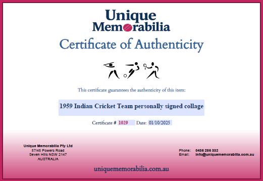 Load image into Gallery viewer, Certificate of Authenticity for 1959 Indian Cricket Team personally signed collage, from Unique Memorabilia.
