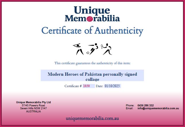Load image into Gallery viewer, Certificate of Authenticity for Modern Heroes of Pakistan Cricket personally signed collage, from Unique Memorabilia.
