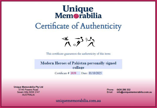 Certificate of Authenticity for Modern Heroes of Pakistan Cricket personally signed collage, from Unique Memorabilia.