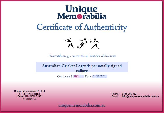 Load image into Gallery viewer, Certificate of Authenticity for Australian Cricket Legends personally signed collectible, from Unique Memorabilia.

