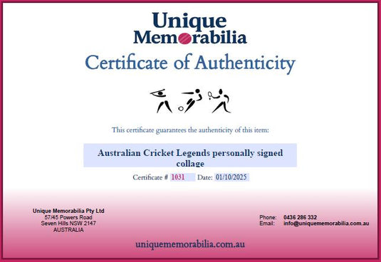 Certificate of Authenticity for Australian Cricket Legends personally signed collectible, from Unique Memorabilia.