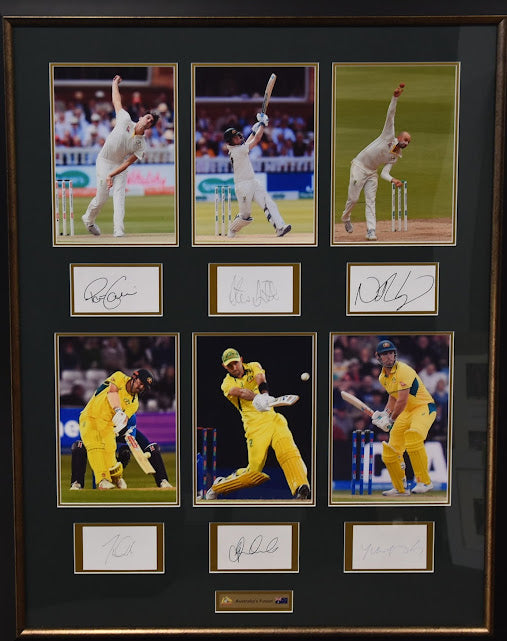 Australia's Finest Cricketers Signed Collage incl. Smith, Cummins, Head, Lyon, Maxwell and Mitch Marsh, from Unique Memorabilia. 