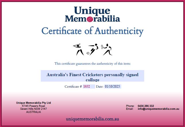 Load image into Gallery viewer, Certificate of Authenticity for Australia&#39;s Finest Cricketers&#39; signed collages, from Unique Memorabilia. 
