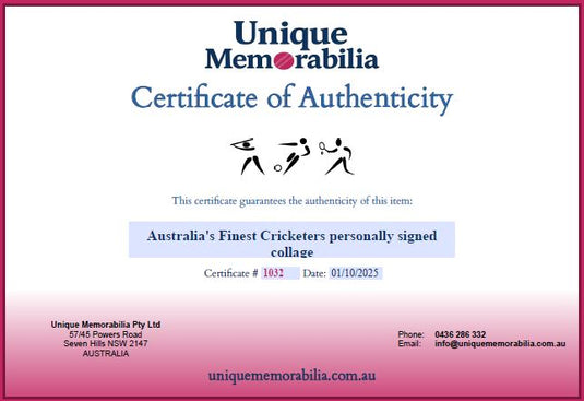 Certificate of Authenticity for Australia's Finest Cricketers' signed collages, from Unique Memorabilia. 