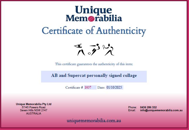 Load image into Gallery viewer, Certificate of Authenticity for AB and Supercat personally signed collage, from Unique Memorabilia.
