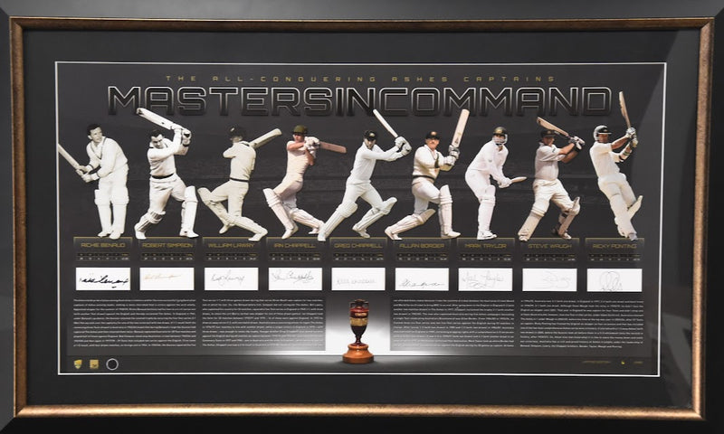 Load image into Gallery viewer, The All Conquering Ashes Captains Masters in Command Signed Collage, from Unique Memorabilia. 
