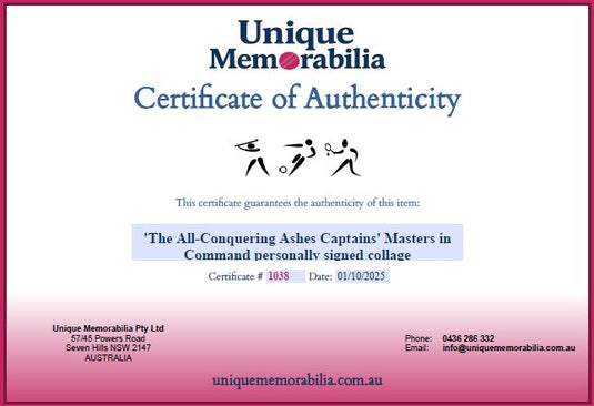 Certificate of Authenticity for The All Conquering Ashes Captains Masters in Command Signed Collage, from Unique Memorabilia. 