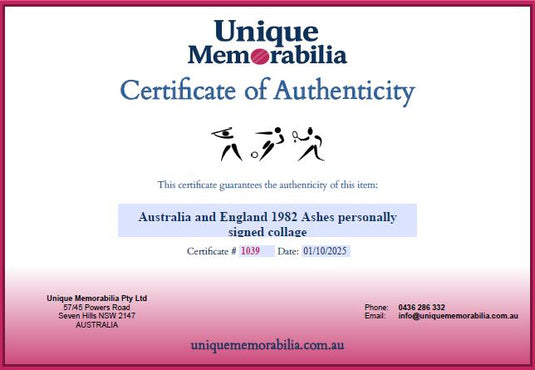 Certificate of Authenticity for Australia and England 1982 Ashes Personally Signed Collage, from Unique Memorabilia. 