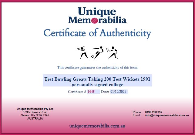 Load image into Gallery viewer, Certificate of Authenticity for Test Players with 200 Wickets Signed Collage 1991, from Unique Memorabilia. 
