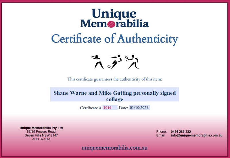 Load image into Gallery viewer, Certificate of Authenticity for Warne and Gatting Personally Signed Collage, from Unique Memorabilia. 
