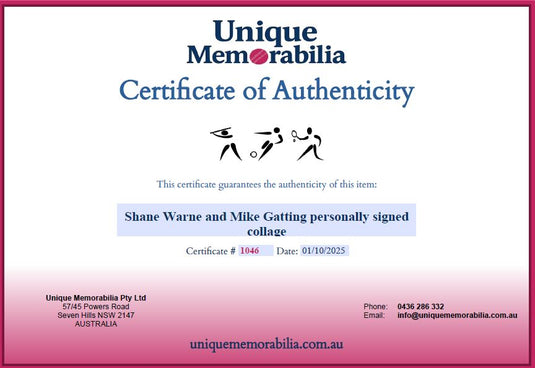 Certificate of Authenticity for Warne and Gatting Personally Signed Collage, from Unique Memorabilia. 