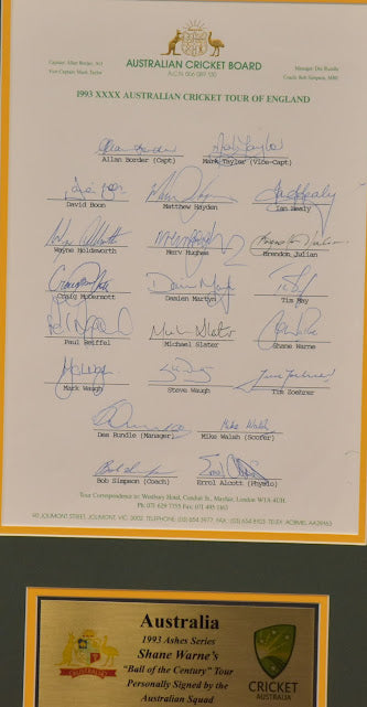Load image into Gallery viewer, Shane Warne&#39;s Ball of the Century Tour Signed by 1993 Squad
