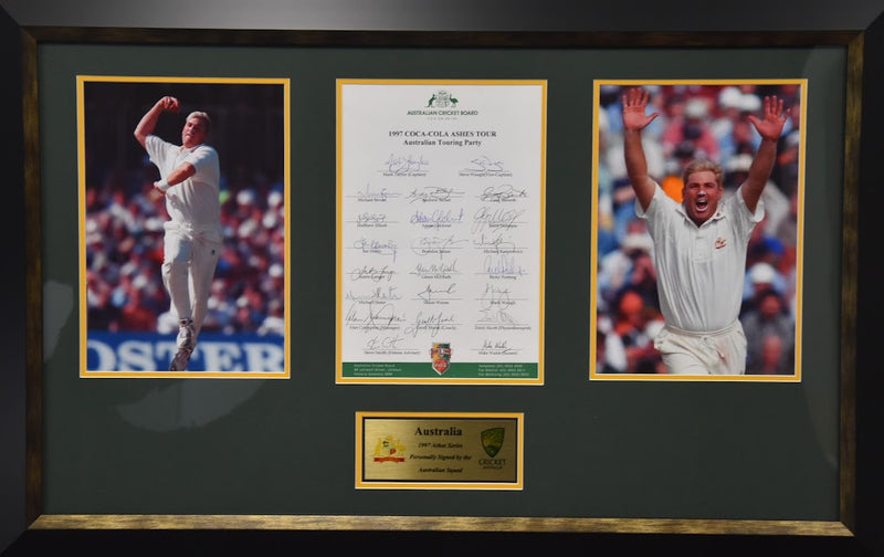 Load image into Gallery viewer, 1997 Australian Ashes Squad Personally Signed Collage, from Unique Memorabilia. 
