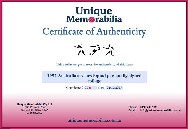Load image into Gallery viewer, Certificate of Authenticity for 1997 Australian Ashes Squad Personally Signed Collage, from Unique Memorabilia. 
