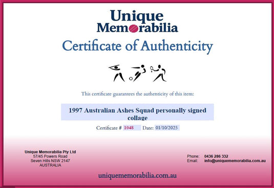 Certificate of Authenticity for 1997 Australian Ashes Squad Personally Signed Collage, from Unique Memorabilia. 
