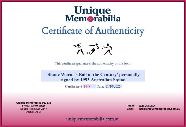 Load image into Gallery viewer, Certificate of Authenticity for Shane Warne Personally Signed Collage, from Unique Memorabilia. 
