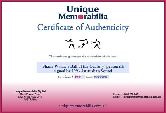 Certificate of Authenticity for Shane Warne Personally Signed Collage, from Unique Memorabilia. 