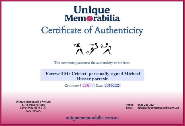 Load image into Gallery viewer, Certificate of Authenticity for &#39;Farewell Mr Cricket&#39; Personally Signed Mike Hussey Portrait, from Unique Memorabilia. 
