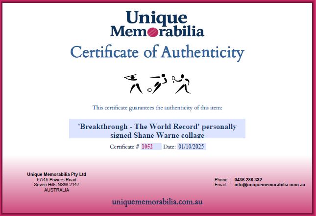 Load image into Gallery viewer, Certificate of Authenticity for &#39;Breakthrough - The World Record&#39; Shane Warne Signed Collage, from Unique Memorabilia. 
