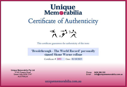Certificate of Authenticity for 'Breakthrough - The World Record' Shane Warne Signed Collage, from Unique Memorabilia. 