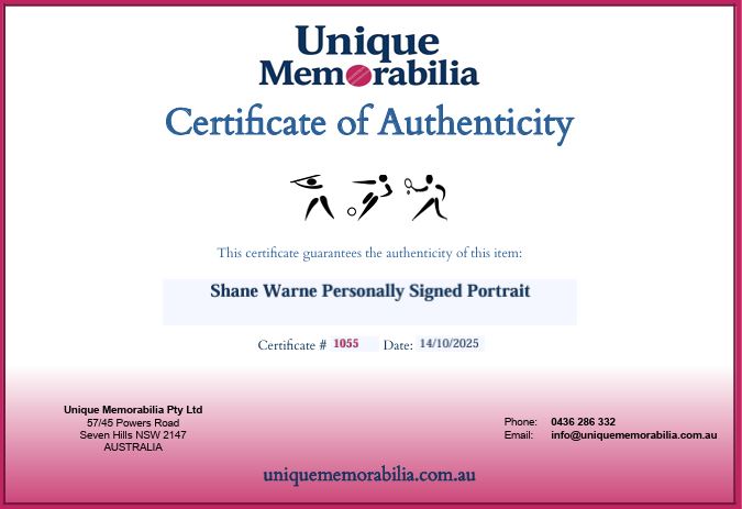 Load image into Gallery viewer, Certificate of Authenticity for Shane Warne Personally Signed Portrait, from Unique Memorabilia. 
