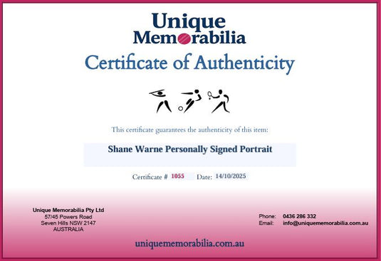 Certificate of Authenticity for Shane Warne Personally Signed Portrait, from Unique Memorabilia. 
