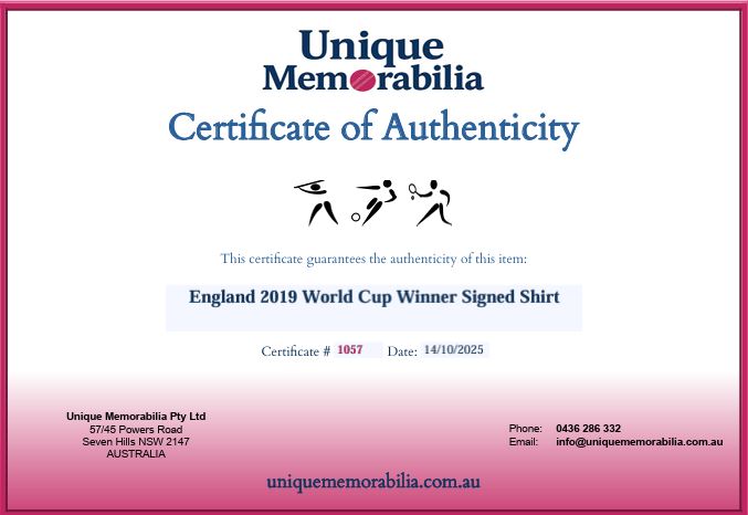 Load image into Gallery viewer, Certificate of Authenticity for England 2019 World Cup Champions Signed Shirt, from Unique Memorabilia. 

