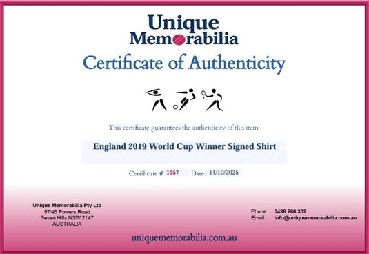 Certificate of Authenticity for England 2019 World Cup Champions Signed Shirt, from Unique Memorabilia. 