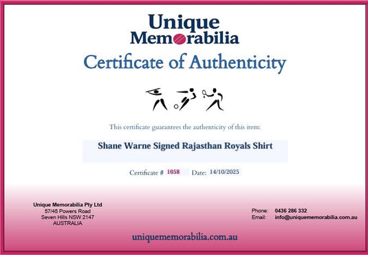 Certificate of Authenticity for Shane Warne Personally Signed Rajasthan Royals Shirt, from Unique Memorabilia. 