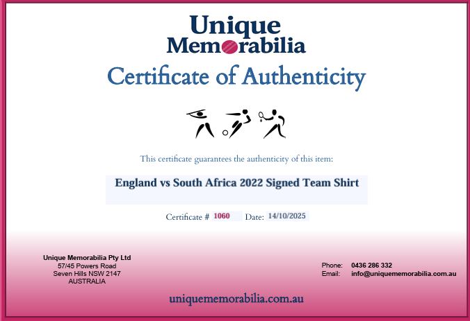 Load image into Gallery viewer, Certificate of Authenticity for England vs South Africa 2022 Signed Shirt, from Unique Memorabilia. 
