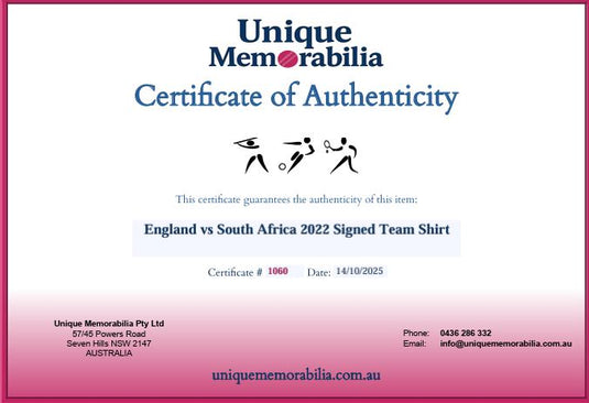 Certificate of Authenticity for England vs South Africa 2022 Signed Shirt, from Unique Memorabilia. 