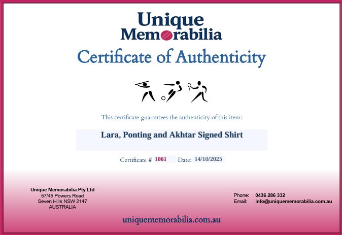 Load image into Gallery viewer, Certificate of Authenticity for Lara, Ponting and Akhtar Personally Signed Shirt, from Unique Memorabilia. 
