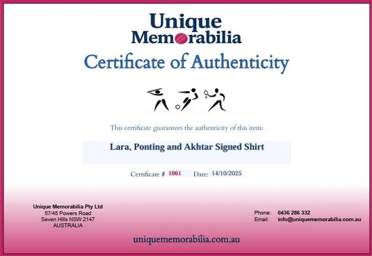 Certificate of Authenticity for Lara, Ponting and Akhtar Personally Signed Shirt, from Unique Memorabilia. 