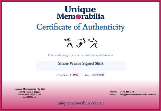 Certificate of Authenticity for Shane Warne Personally Signed Shirt, from Unique Memorabilia. 
