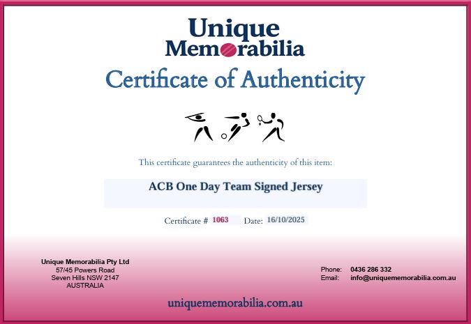 Load image into Gallery viewer, Certificate of Authenticity for Australian One Day Cricket Team Signed Jersey, from Unique Memorabilia. 
