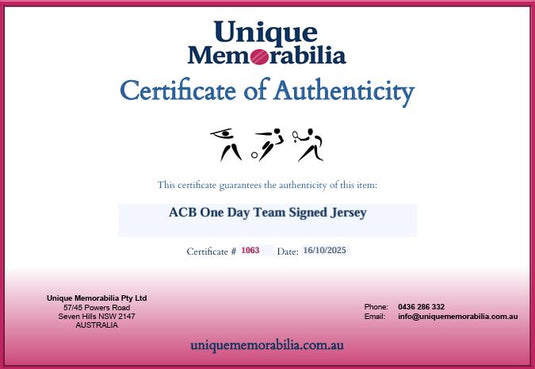 Certificate of Authenticity for Australian One Day Cricket Team Signed Jersey, from Unique Memorabilia. 
