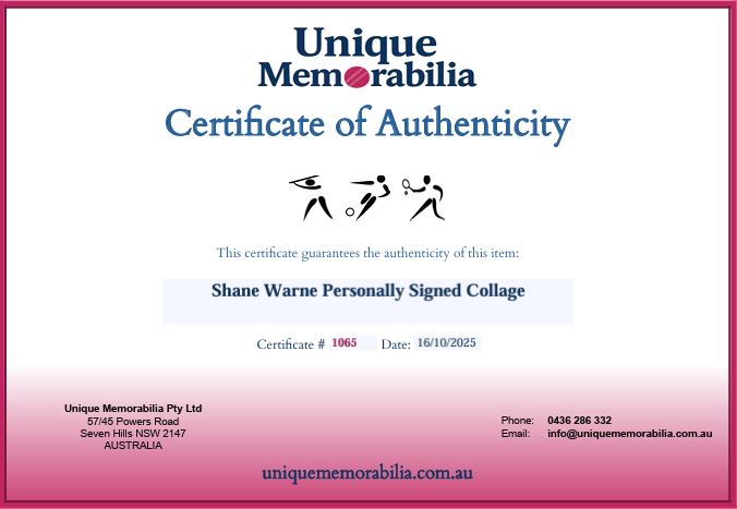 Load image into Gallery viewer, Certificate of Authenticity for Shane World Personally Signed World Cup Collage, from Unique Memorabilia. 
