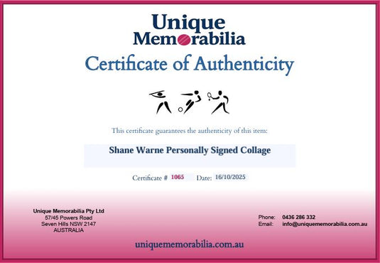 Certificate of Authenticity for Shane World Personally Signed World Cup Collage, from Unique Memorabilia. 
