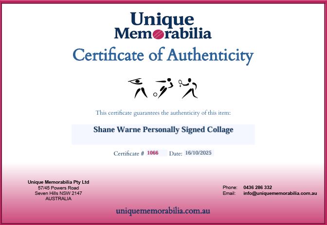 Load image into Gallery viewer, Certificate of Authenticity for Shane Warne &#39;Legendary&#39; Personally Signed Collage, from Unique Memorabilia. 
