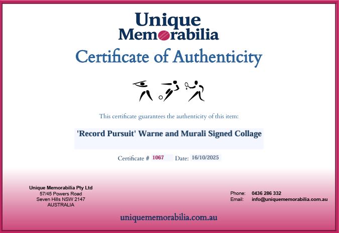 Load image into Gallery viewer, Certificate of Authenticity for &#39;Record Pursuit&#39; Warne and Murali Signed Collage by Unique Memorabilia.
