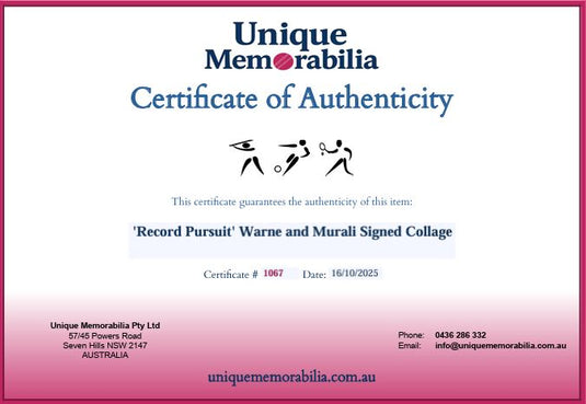 Certificate of Authenticity for 'Record Pursuit' Warne and Murali Signed Collage by Unique Memorabilia.