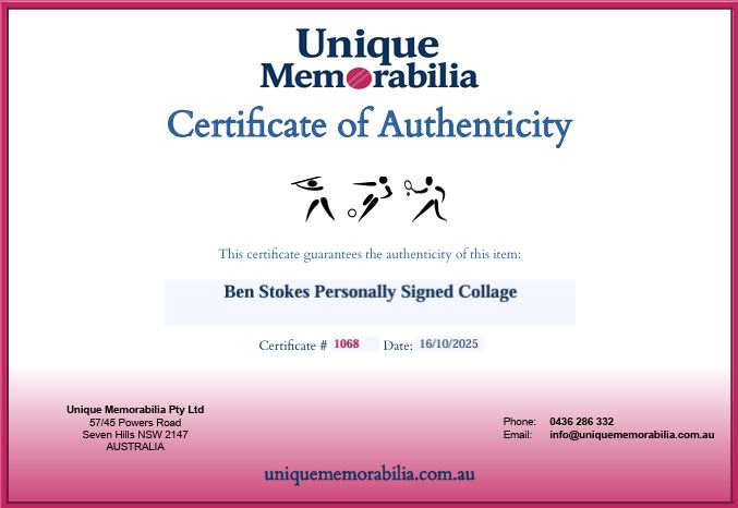Load image into Gallery viewer, Certificate of Authenticity for Ben Stokes Personally Signed Collage, from Unique Memorabilia. 
