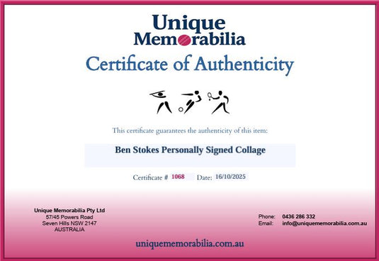 Certificate of Authenticity for Ben Stokes Personally Signed Collage, from Unique Memorabilia. 