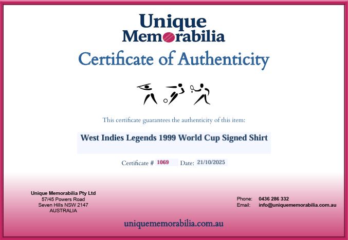 Load image into Gallery viewer, Certificate of Authenticity for West Indies 1999 World Cup Signed Shirt, from Unique Memorabilia. 
