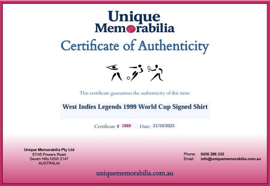 Certificate of Authenticity for West Indies 1999 World Cup Signed Shirt, from Unique Memorabilia. 