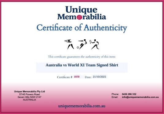 Certificate of Authenticity for Australia vs World XI Team Signed Shirt, from Unique Memorabilia. 