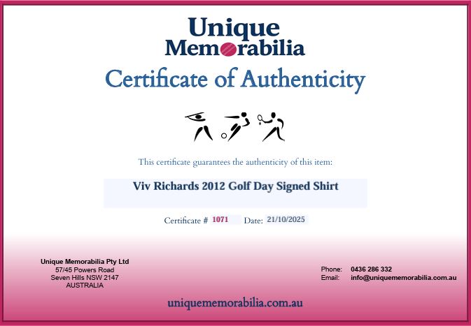 Load image into Gallery viewer, Certificate of Authenticity for Viv Richards Charity Golf Day 2012 Signed Shirt, from Unique Memorabilia. 
