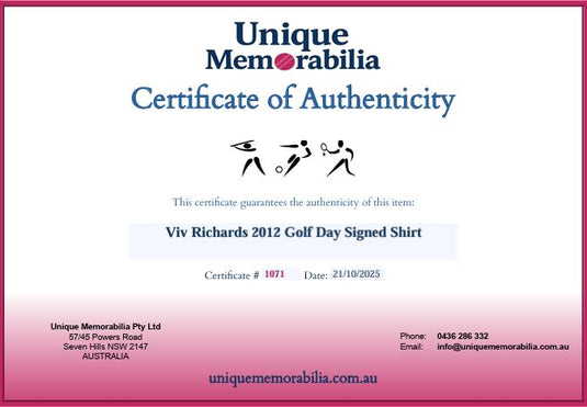 Certificate of Authenticity for Viv Richards Charity Golf Day 2012 Signed Shirt, from Unique Memorabilia. 