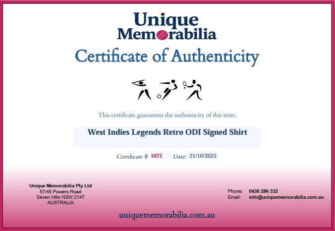 Load image into Gallery viewer, Certificate of Authenticity for West Indies Legends Retro ODI Signed Shirt, from Unique Memorabilia. 
