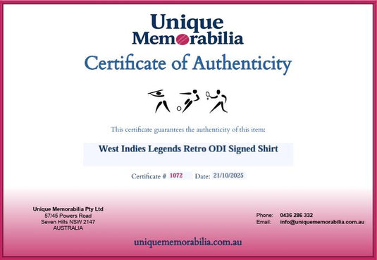 Certificate of Authenticity for West Indies Legends Retro ODI Signed Shirt, from Unique Memorabilia. 